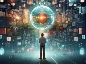 شخص ایستاده در رو به روی کره زمین دیجیتای کد نویسی